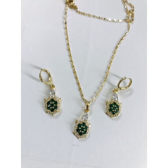 18K Gold Filled Oro Laminado Turtles Pendant Thin Necklace & Earring Set 18" - Picture 4 of 5